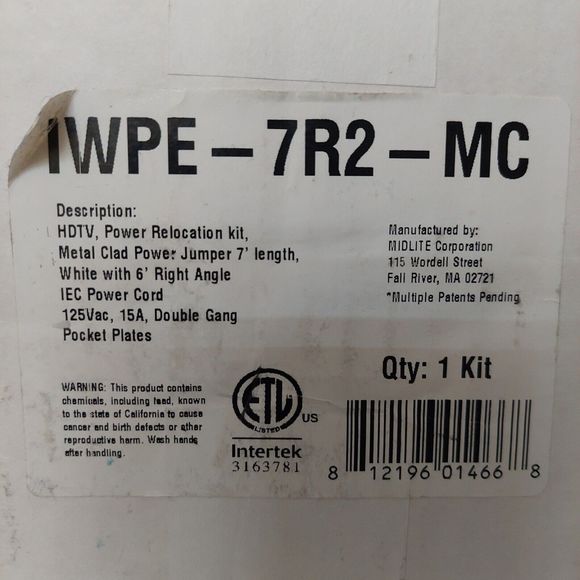 IWPE-7R2-MC HDTV Power Relocation Kit Double Gang Metal Clad Power Cable 7' PJW - Picture 6 of 15